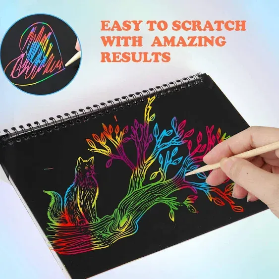 Mocoosy 3 Pack Rainbow Scratch Art Note Books - Magic Scratch off Paper Notebook Set for People Art and Craft Activity Book Black Sketch Doodle Pads with Painting Stencils for Party Favor Game Gift