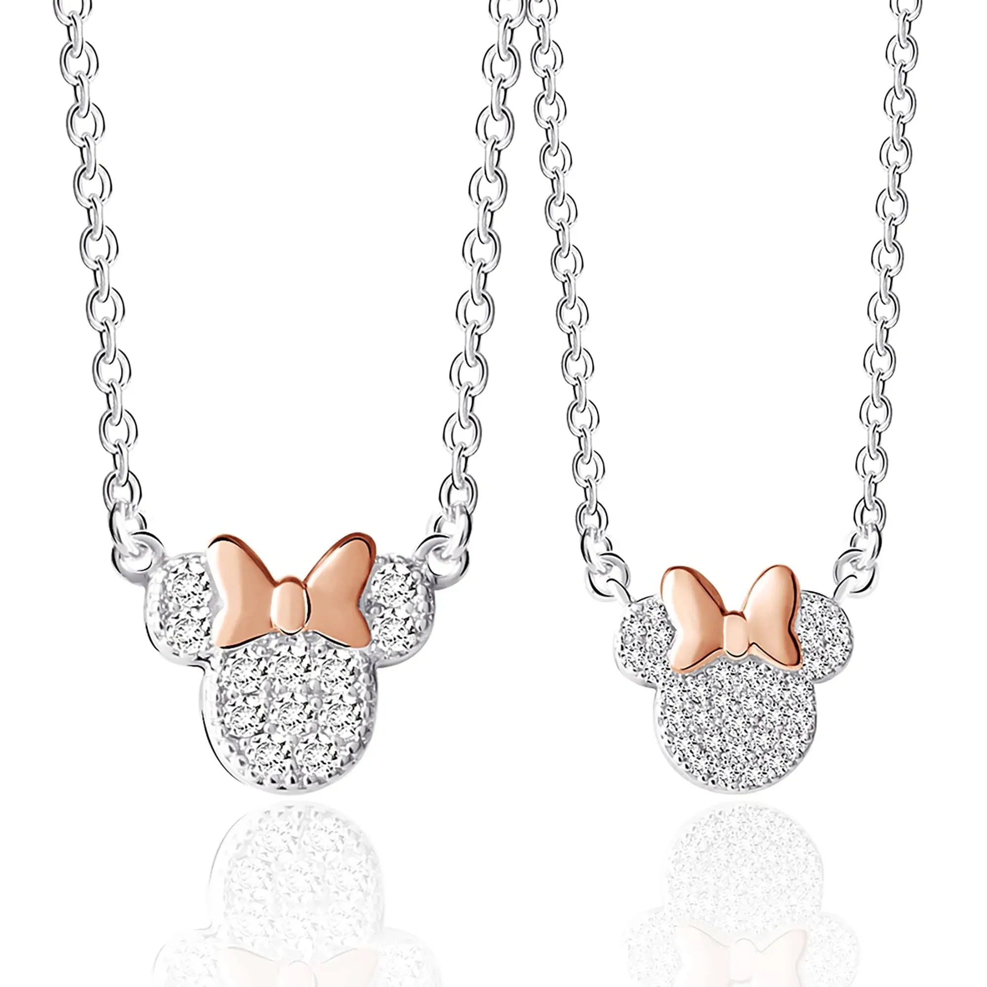 2 Mommy & Me Mouse Ears Set Diamond Necklace Heart Love Mouse Bow Pendant Mouse Chain Rat Jewelry Girls Teen Birthday Gift Stainless Steel 18in.