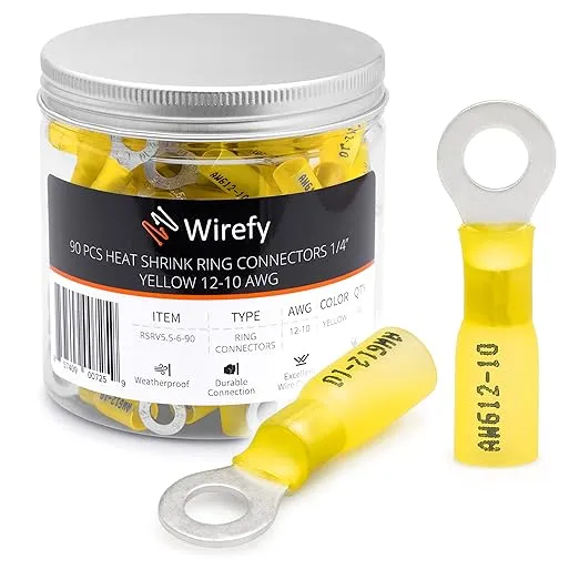 Wirefy 90 PCS Heat Shrink Ring Terminals 3/8" - Marine Grade Ring Connectors - Eyelet Wire Connectors - Yellow 10-12 AWG