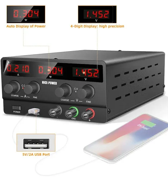 NICE-POWER Adjustable DC Power Supply: 30V 5A Variable Switching Regulated High Precision 4-Digits LED Display 5V/2A USB Port Output & Input Power Cord Bench Lab Power Supplies