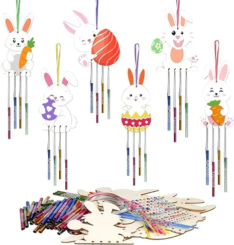 Fennoral 12 Pack Bunny Wind Chime Kit for Kids Make You Own Easter Rabbit Wind Chimes DIY Coloring Wooden Easter Craft for Girls Boys for Easter Hanging Ornaments Easter Party Decoration