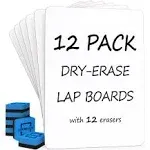 Set of 12 Small White Board Dry Erase Boards Classroom Pack Mini White Boards 9"x12” Double Sided Personal Whiteboards for Students Teachers School Supplies Lapboards l 12 Mini Whiteboard Erasers Incl