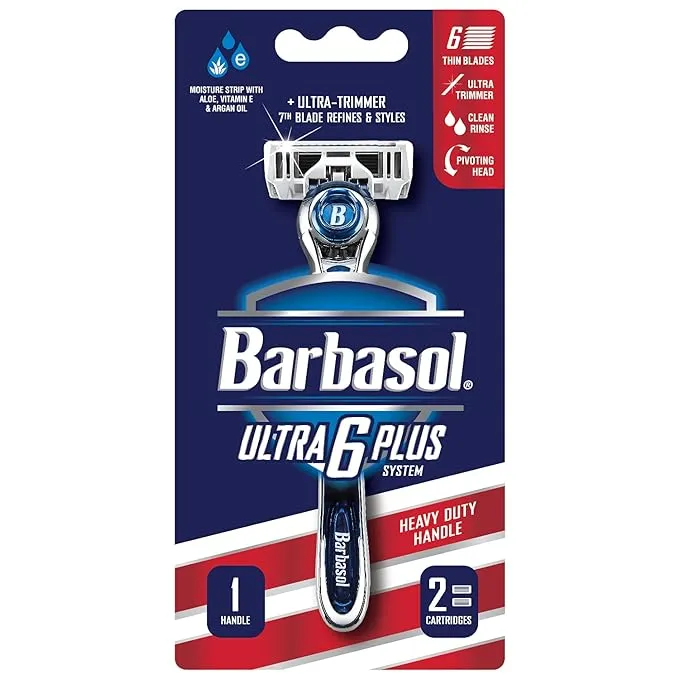 Barbasol Ultra 6 Plus Men's Razor with 2 Razor Blade Refills (1 Handle + 2 Cartridges), Mens Razors/Blades