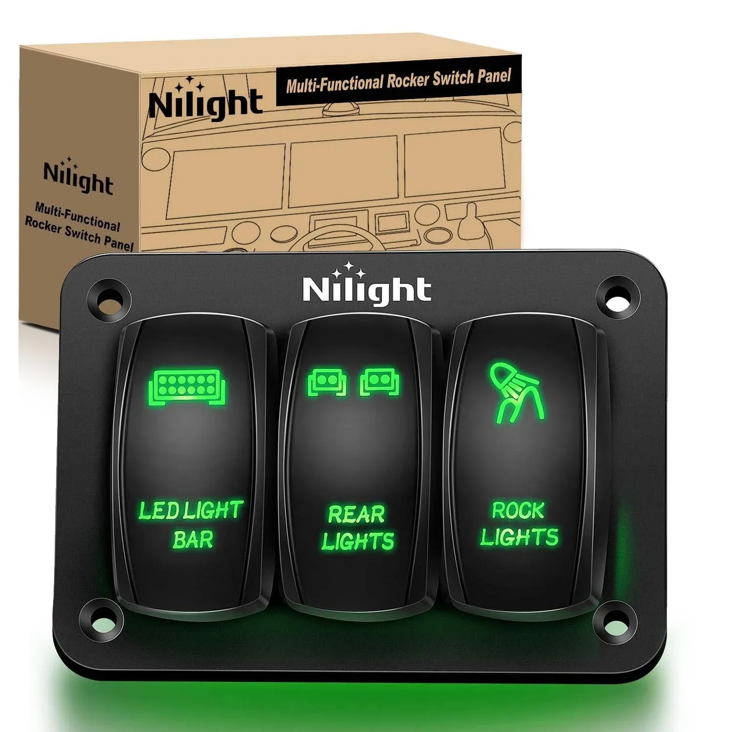 3-Gang Aluminum Rocker Switch Panel with Rocker Switches; Green LED (Universal; Some Adaptation May Be Required)