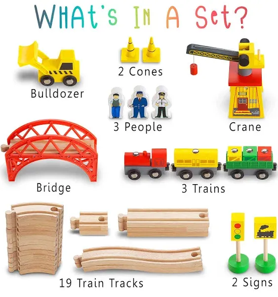 Wooden Train Sets for Boys 2-4-7 – 38 Pcs Wood Train Set for Toddlers w/Crane, Bridge & Wooden Train Tracks – Train Toys for 3 Year Old Boys & Girls – Fits Thomas Brio IKEA Melissa and Doug