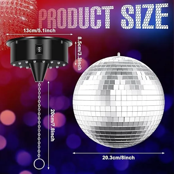 Disco Ball with Motor and Light 8 inch Mirror Ball and 6RPM Batteries Powered Rotating Motor Hanging Disco Ball Light with 4 Color Lights and 18 LED