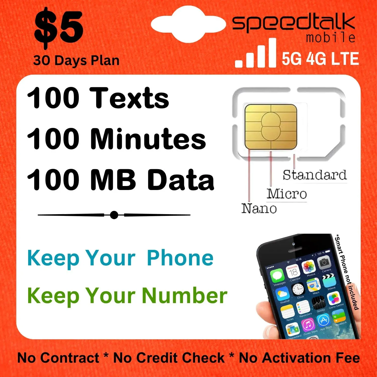 SpeedTalk Mobile Sim Card Kit for Smart Phones & Cellphones | Monthly Plan - 100 ...