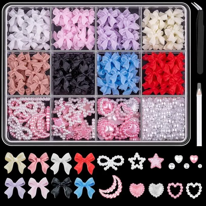 BELLEBOOST 500 Pcs 3D Nail Charms and Flatback Pearls Set 1, 8 Colors Nail Bows ...