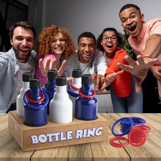 Ring Toss Bottle Carnival Game, 6 Plastic Bottles Targets and 24 Throw Rings, and a Wooden Base Box, Great for all Occasions and Events, Summer Backyard Fun, Holidays, Beach, Party Activities