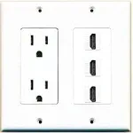 Riteav - 15 Amp Power Outlet 3 Port HDMI Decorative Wall Plate - White