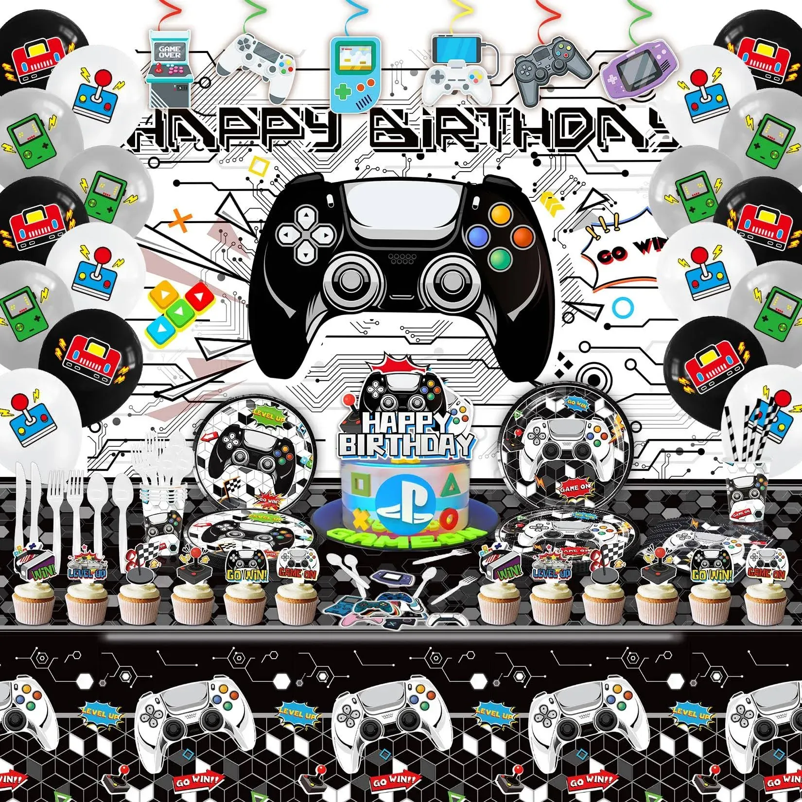 Video Game Party Supplies,181 Video Gamer Birthday Party Decorations Includes Tableware, Dinner Plates, Cups, Napkins, Table Cover, backdrop,balloon.Gamer Birthday Party for Boys Girls