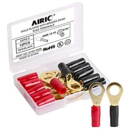 Airic 12-10 Gauge Ring Terminal 5/16 inch Gold Plated Crimp Ring Terminals with Soft Boots Gold Wire Connectors Kit 12-Pack