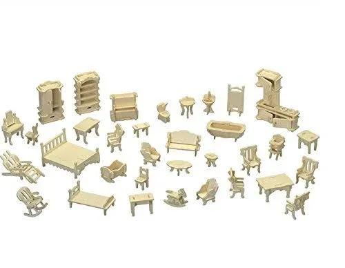 NWFashion 1:20 Scale Wooden Piecese 34Sets Furnitures for Dollhouse(Furniture Sets)