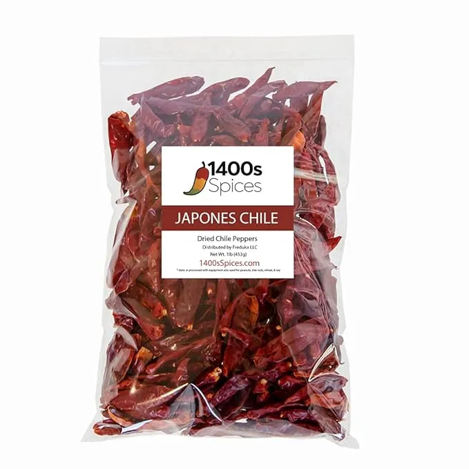 1lb Japones Dried Whole Chile Peppers, Japanese Red Pepper, Chili Seco Pods for Authentic Mexican Food, Heat-Sealed Resealable Bag by 1400s Spices