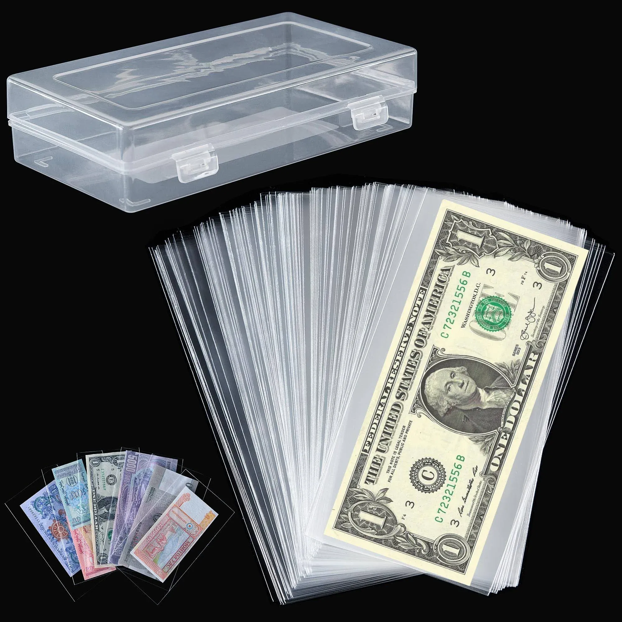 200 Pieces Dollar Bill Holder with Storage Box, Clear Paper Money Sleeves Currency Sleeves and Holder Money Collection Sleeves Bank Note Sleeves for Collector PN02