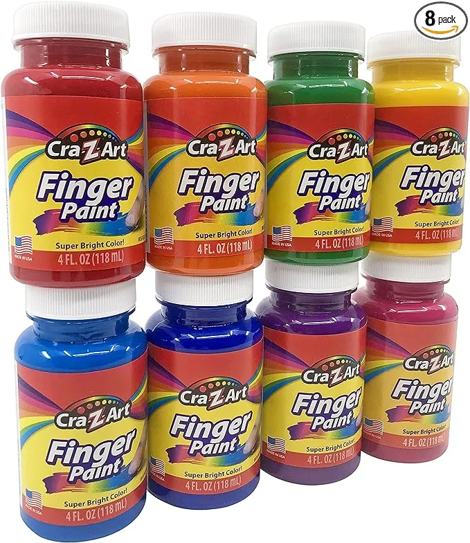 Cra-Z-Art Washable Kids Finger Paint Bulk Pack 8ct, Assorted Colors 4oz each bottle