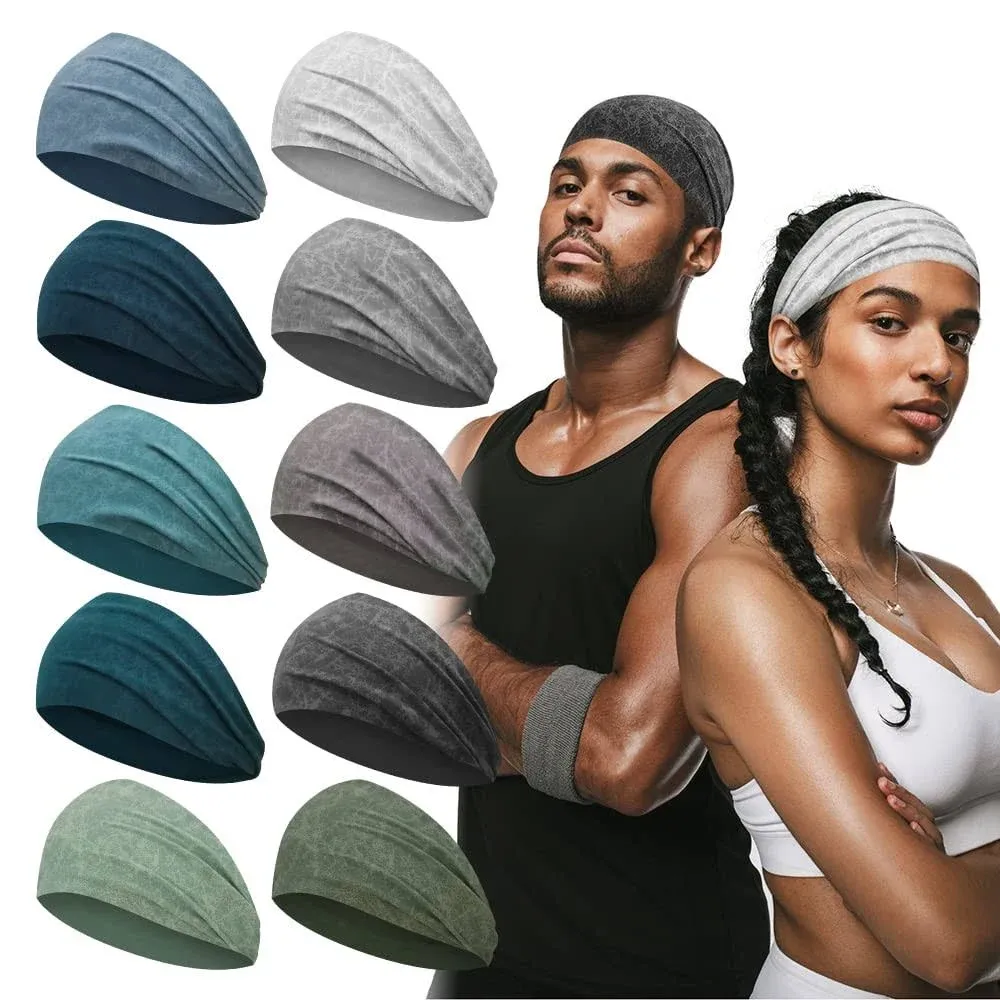 MYKURS 10 Pack Workout Headbands for Men and Women, Wide Sweat Bands Yoga Headbands No Slip, Mens Sports Headbands for Long Hair