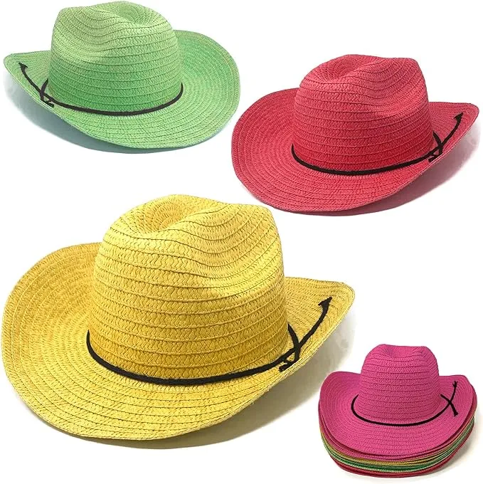 Podzly 12 Pieces 24" Straw Cowboy Hats - Western Style for Men & Women - Country Accessories for Cowgirl, Concerts, Birthdays, Events & More - Plain