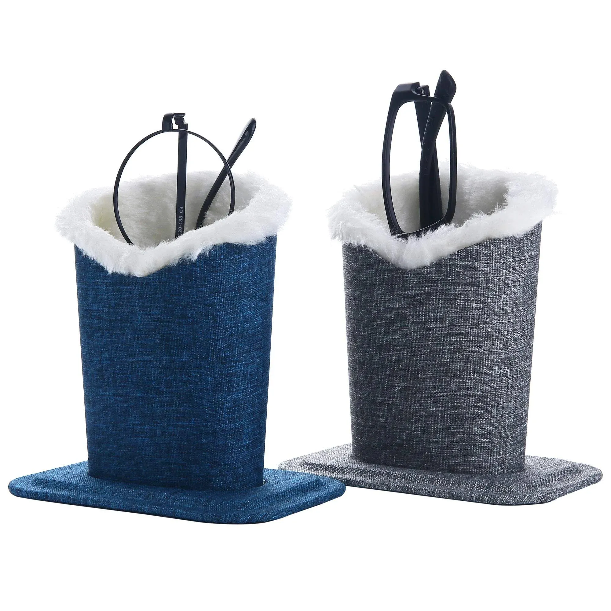 Eyeglass Holders, PU Leather Eyeglass Holder Stands with Soft Plush Lining - 2 Packs (Linen Navy, Linen Grey)