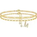 Ursteel Ankle Bracelets for Women, 14K Gold Plated Dainty Layered Chain CZ Initial Anklets Set Summer Jewelry Gifts for Women