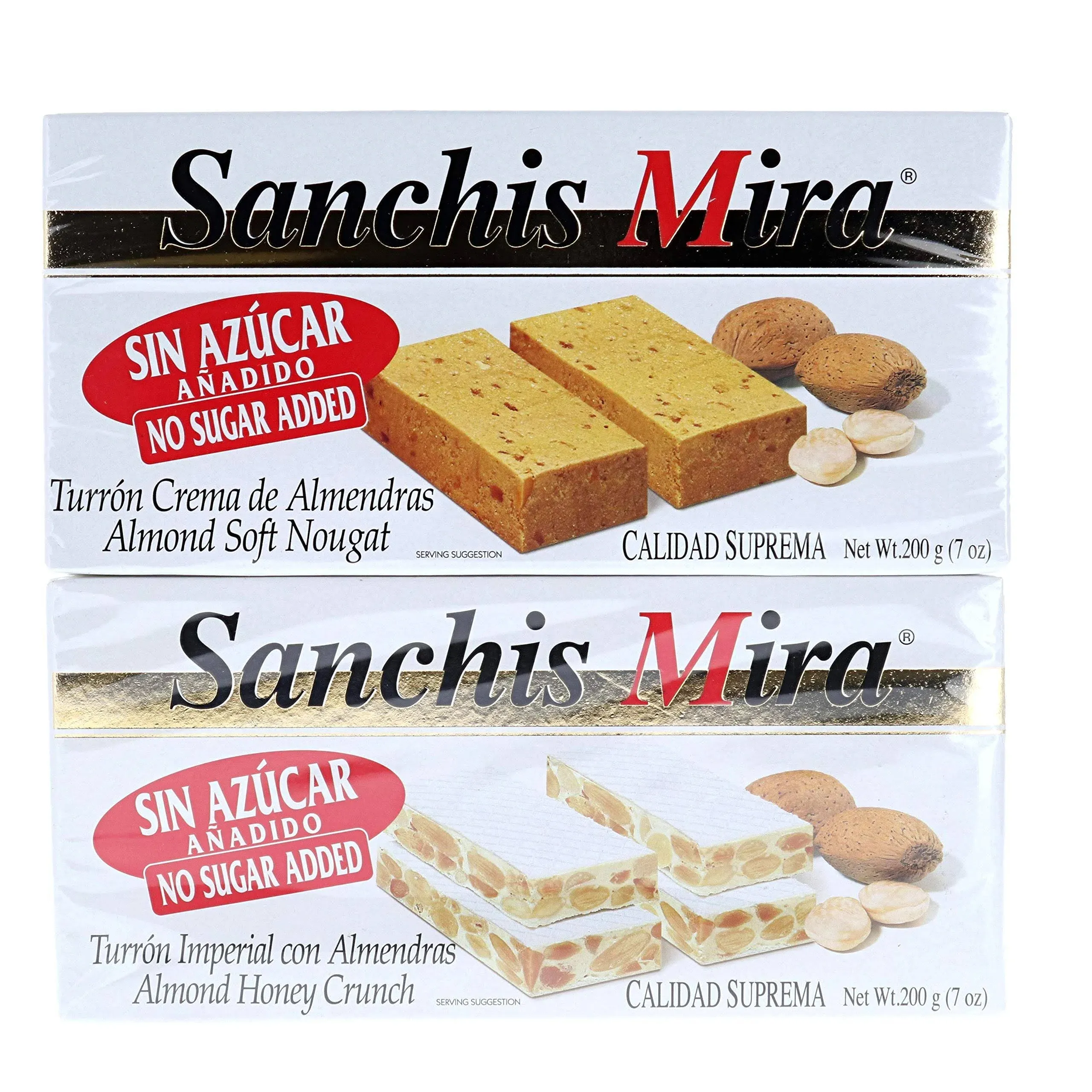 Sanchis Mira No Sugar Added Almond Honey Crunchy and Soft Nougat Turron Bundle (Set of 2) Turron De Almendra Blando y Imperial Sin Azucar Anadido Calidad Suprema