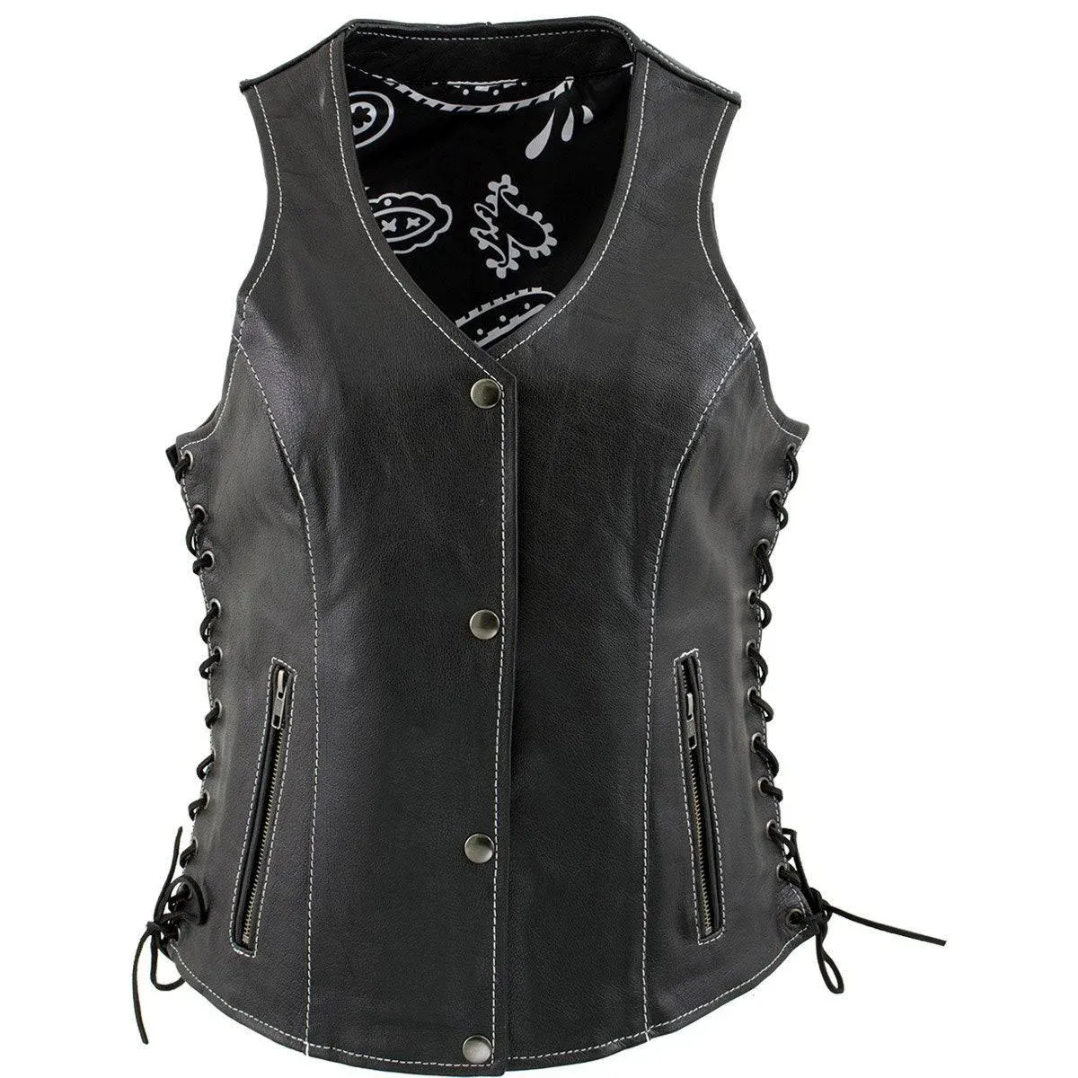 Xelement XS1029 Women's 'Paisley' Black Motorcycle Leather Vest with Side Lace Adjustment - 2X-Large