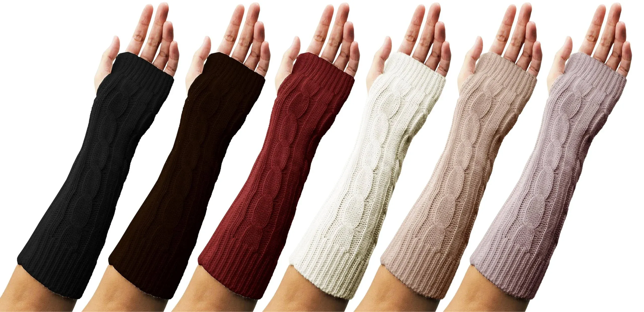 Womens Arm Warmers Sleeve Fingerless Gloves, 6 Pairs, Premium Long Thermal Cable Knit