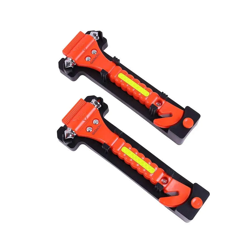 2 PCS Car Safety Hammer Emergency Escape Tool with Seat Belt Cutter and Vehicle Window Glass Breaker with Light Reflective Tape Red