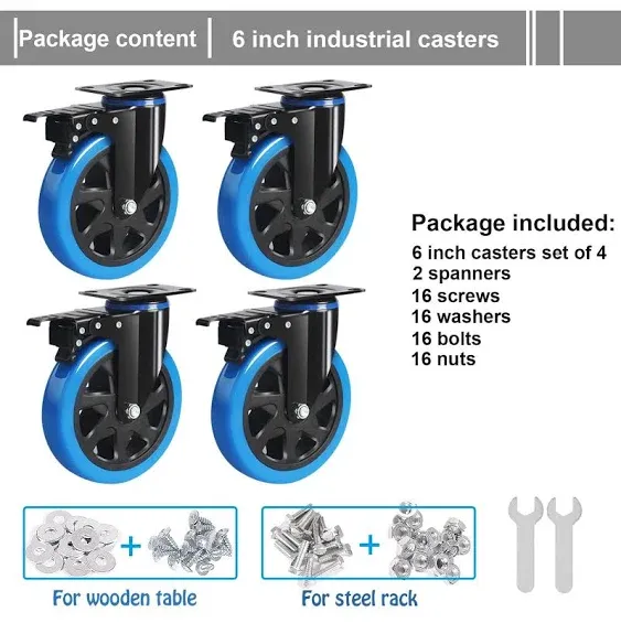 6 Inch Caster Wheels 2800lbs, Hands-Free A/B Brake Locking Casters, Heavy Duty Casters Set of 4, Silent Polyurethane Plate Castor Wheels for Cart, Furniture, Workbench(2 Hardware Kits Included)