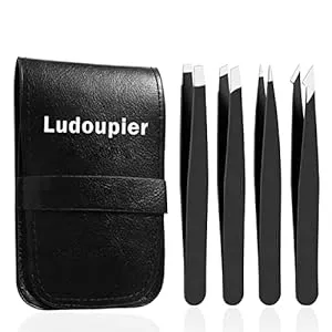 LUDOUPIER 4+1 Pieces Tweezers Set with Travel Case, Great Precision Upgrade Professional Anti-rust Alloy Tweezers for Women & Men, Multi-purpose as Eyebrows Facial Hair Ingrown Hair Removal