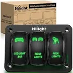 Nilight 3 Gang Rocker Switch Panel Aluminum 5 Pin On Off Toggle Switch Panel LED Light Bar Switch SPST 12V-24V Green Switches for Marine Boats,Cars,