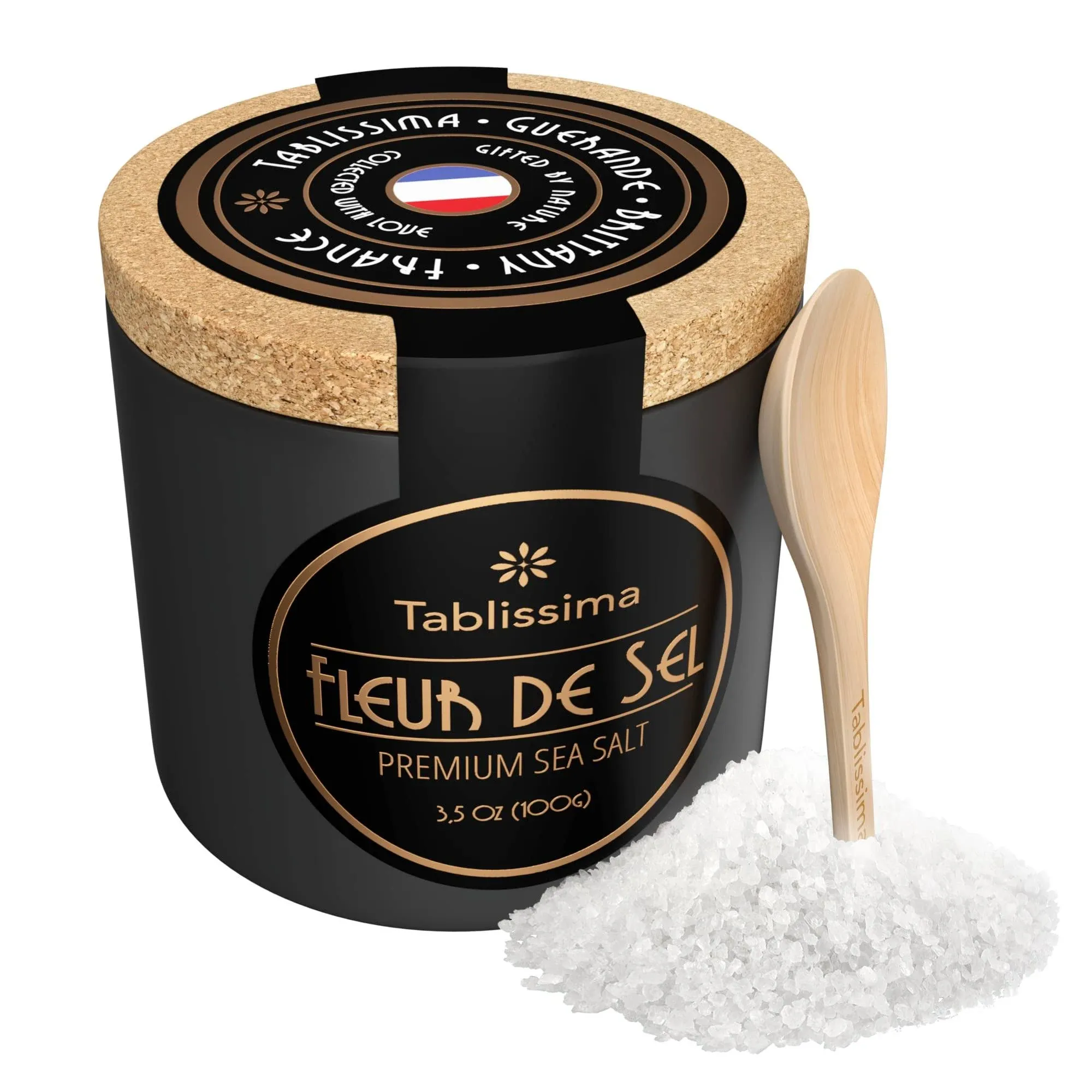 Fleur De SEL - Premium Sea Salt from Guerande France - Flaky Sea Salt from The Celtic Sea - Salt Cork Box and Wooden Salt Spoon Included - 3.5 oz