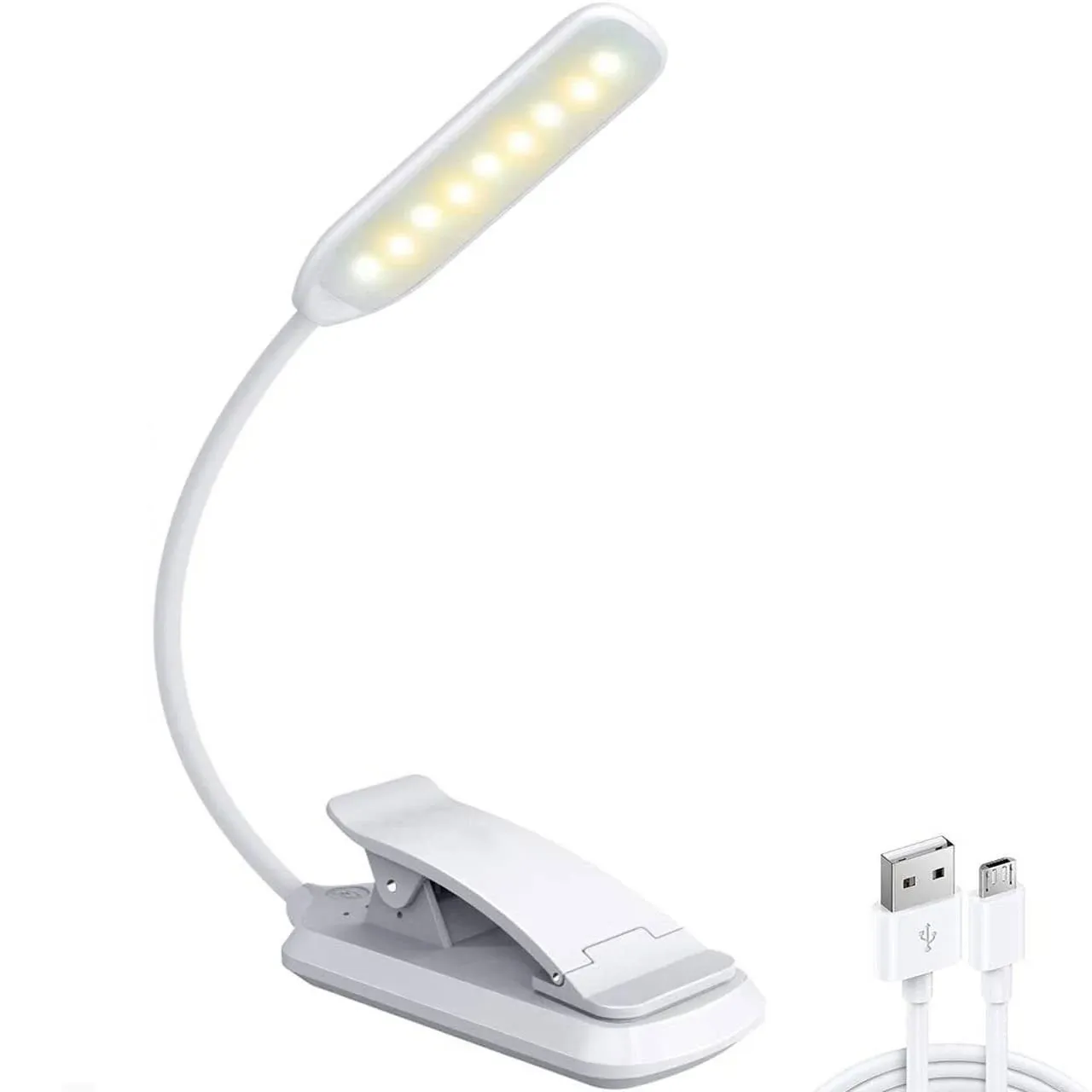 9 LED Book Light, USB Rechargeable Reading Light, Stepless Dimming -3 Colortemperature × 3 Brightness, Power Indicator, for Bookworms, Kids & Travel (White)