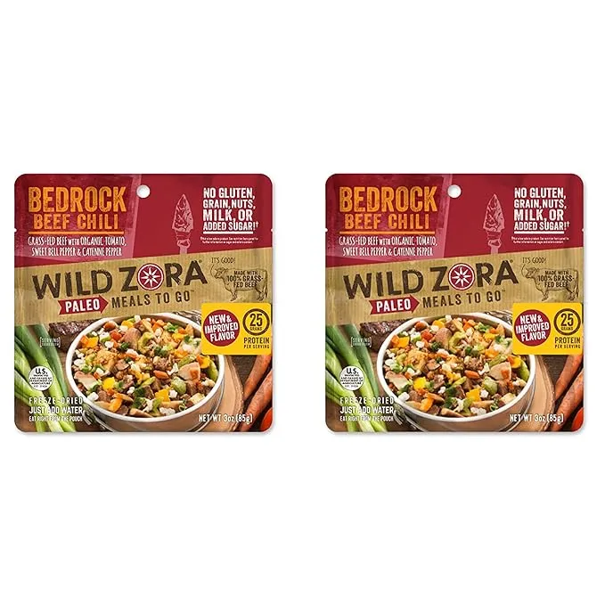 Wild Zora Paleo Freeze Dried Meals for Backpacking & Camping - Healthy Gluten Free & Grain Free Camping Meals/Backpacking Food + No Added Sugar - Great for Travel (Bedrock Beef Chili 2-pack)