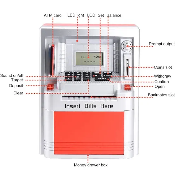 Fishboy Upgraded ATM Piggy Bank for Real Money for Kids with Debit Card, Bill Feeder, Coin Recognition, Balance Calculator, Digital Electronic Savings Safe Machine Box