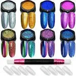 Nail Powder Wenida 1Jar Unicorn Chrome Pearl Aurora Iridescent Shell Synthetic Resin Pigment Manicure Art Decoration With 4pcs Eyeshadow Sticks 8pcs False Nails