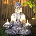 Buddha Statue Zen Sculpture 11.4in Yoga Garden Decor with LED Solar Lotus Lights, Sitting Meditating Buddha Serene Resin Figurine for Patio Yard Lawn Ornaments,Inside or Outside