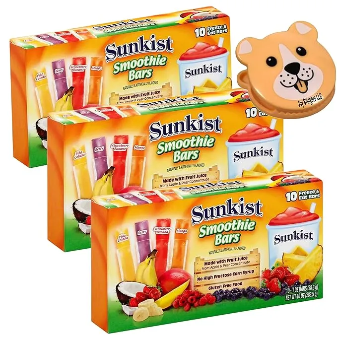 Sunkist Smothie Bars Assorted Flavors Pina Colada, Berry, Strawberry Banana and Mango - 30 Count and Bag Clip