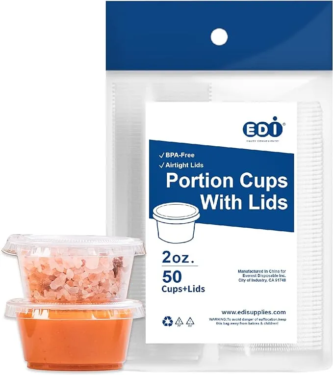 EDI - Clear Disposable Plastic Portion Cups with Leakproof Lids - Jello Shot, Condiment and Dipping Sauce, Souffle - BPA Free, Recyclable (2 OZ, 50 Sets)