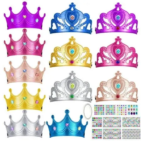 Benvo Pack of 12 Foam Crowns Tiaras with Gem Diamond Stickers for DIY Your Own Princess Queen Tiaras Prince King Crowns Kids Birthday Party Hats(Hundreds of Self-stick Gems and 1 Adhesive Tape)