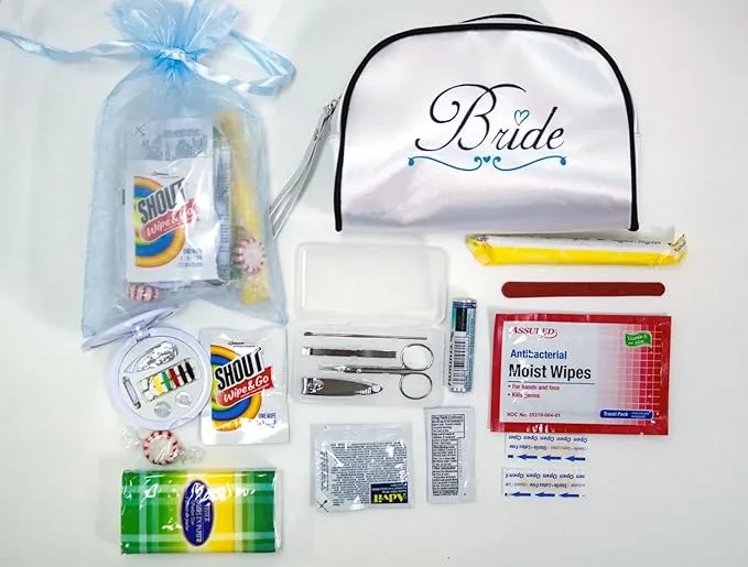 Yacanna Wedding Survival Kit Bridal Emergency Kit in White Satin Bride Travel Bag -Gifts for Bride