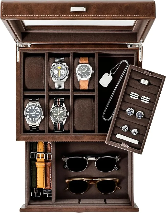 TAWBURY 6 Slot Watch Box for Men - Luxury Watch Jewelry Box Men Watch Case 6 Slot | Jewelry Box with Watch Storage | Watch Display Case | Watch Boxes for Men