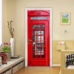 Door Sticker Decor Removable Mural Wallpaper of PVC Art Sticker, London Red Phone Booth Wall Decal Art 3D Wallpaper