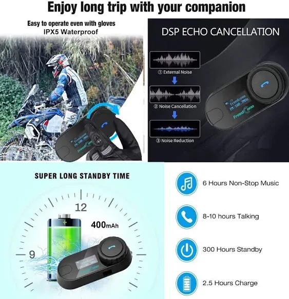 FreedConn 1pcs TCOM-SC Bluetooth Motorcycle Headset,2-3 Riders Helmet Bluetooth Intercom, Universal Communication Systems with Music Sharing/LCD Screen/FM Radio/Mobile Phone/GPS/Waterproof