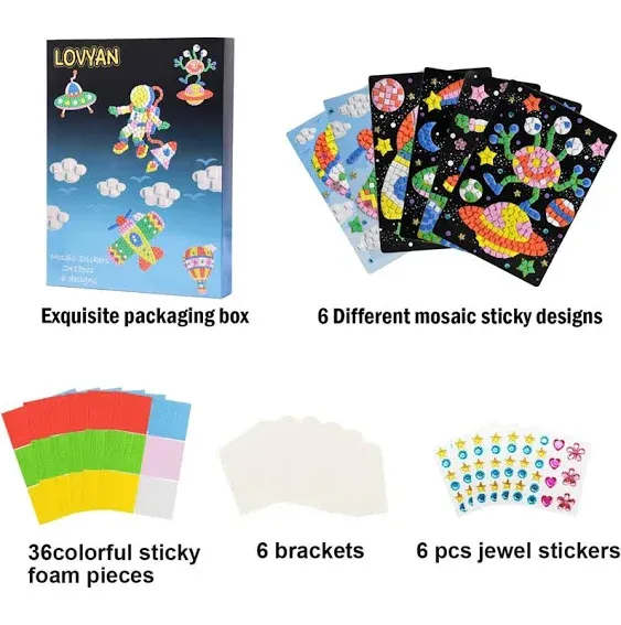 Lovyan Mosaic Sticker Art Sticky DIY Handmade Art Kits for Kids – Astronaut, Spaceship, Alien, UFO, Hot-air Balloon, Airplane(6 Pack)