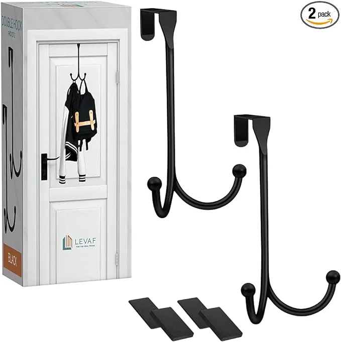 2-Pack Over The Door Hooks - with 2 Hang Heads & Snug Fit Pads Heavy Duty Hook for Hanging Coats, Towels, Caps & Robes - Elegant Matt Finish - No Drill Hanger Organizer - Black