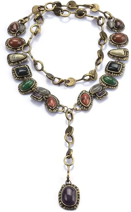 LUREME Vintage Ethnic Heavy Choker Necklace for Women with Multi Color Stones Statement Necklace(nl006345)