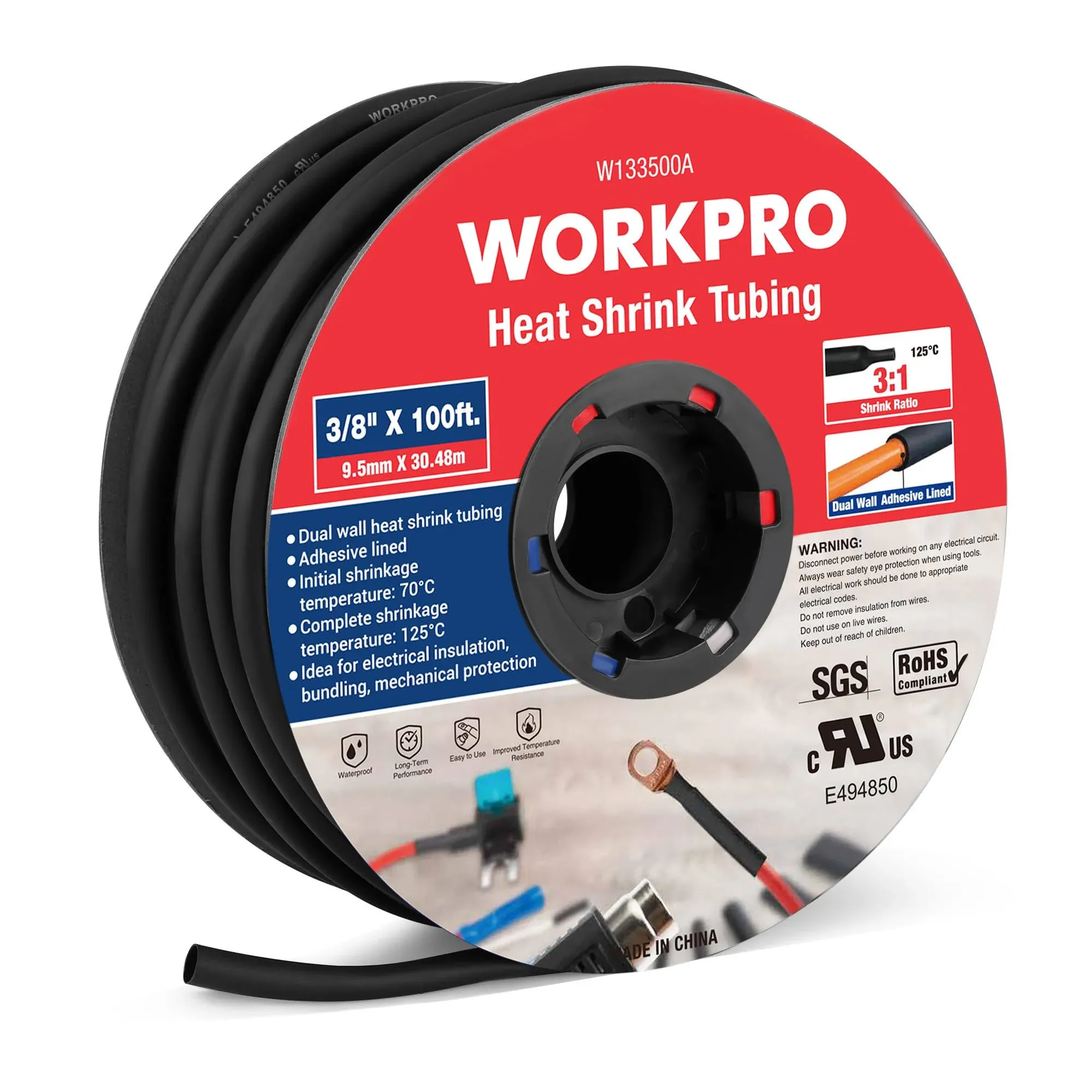 WORKPRO 100 FT 3/8&#034; Heat Shrink Tubing 3:1 Ratio Dual Wall Adhesive Lined Tubing