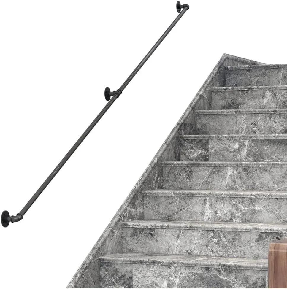 DIYHD 5ft Stair Black Pipe Handrail with 3 Wall Mount Supports,Round Corner Rustic Black Staircase Handrail