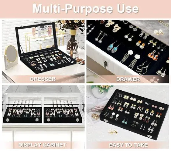 Jenseits Earring Organizer Tray Earring Box with Clear Lid 80 Slots Velvet Drawer,Earring Tray with Lock